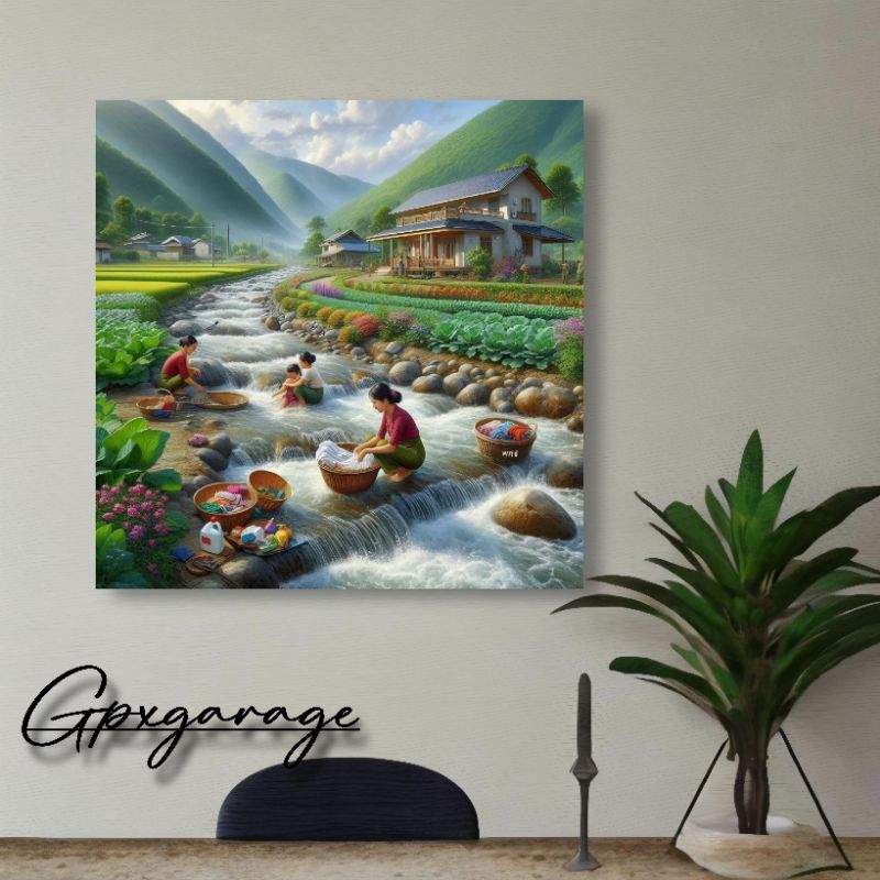 hiasan Dinding lukisan cetak pemandangan pedesaan pegunungan sungai  dekorasi rumah ruangan