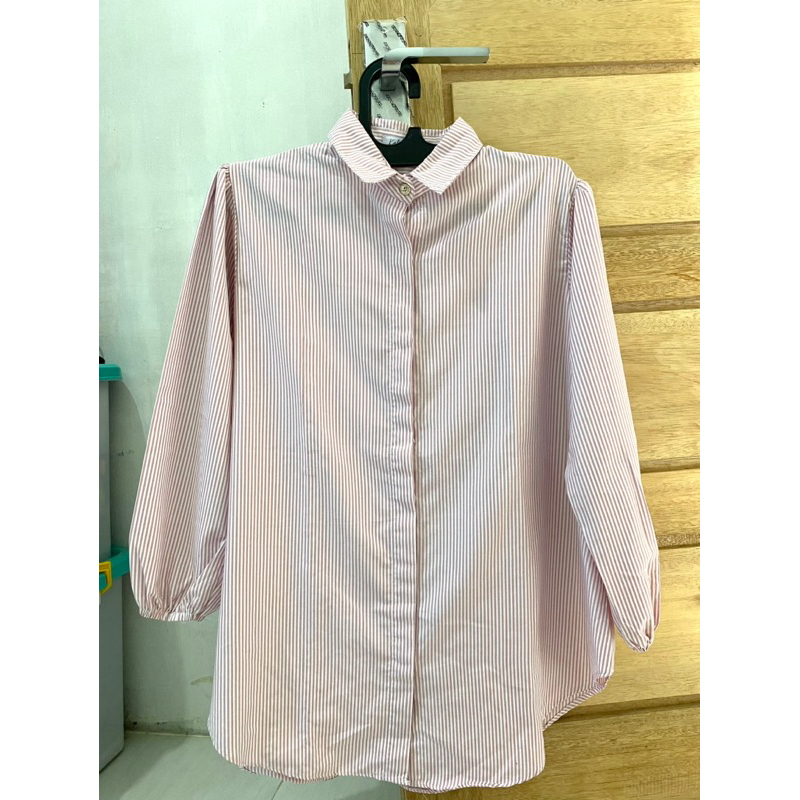 baju kemeja wanita salur baby pink