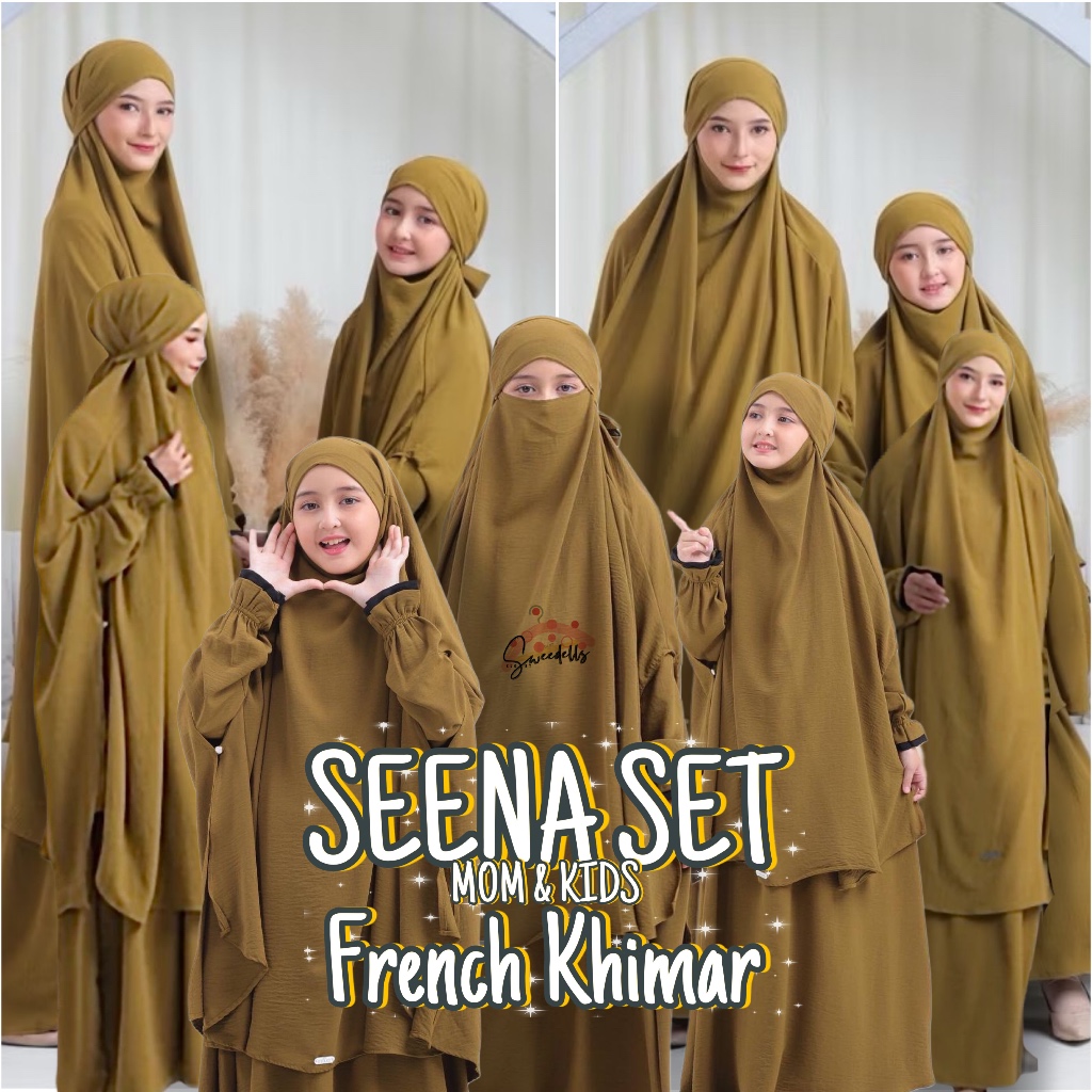 Sweedells / SEENA GAMIS ANAK FRENCH KHIMAR SET OLIVE with MOM COUPLE/ Usia 3 - 13 Tahun Gamis Syar'i