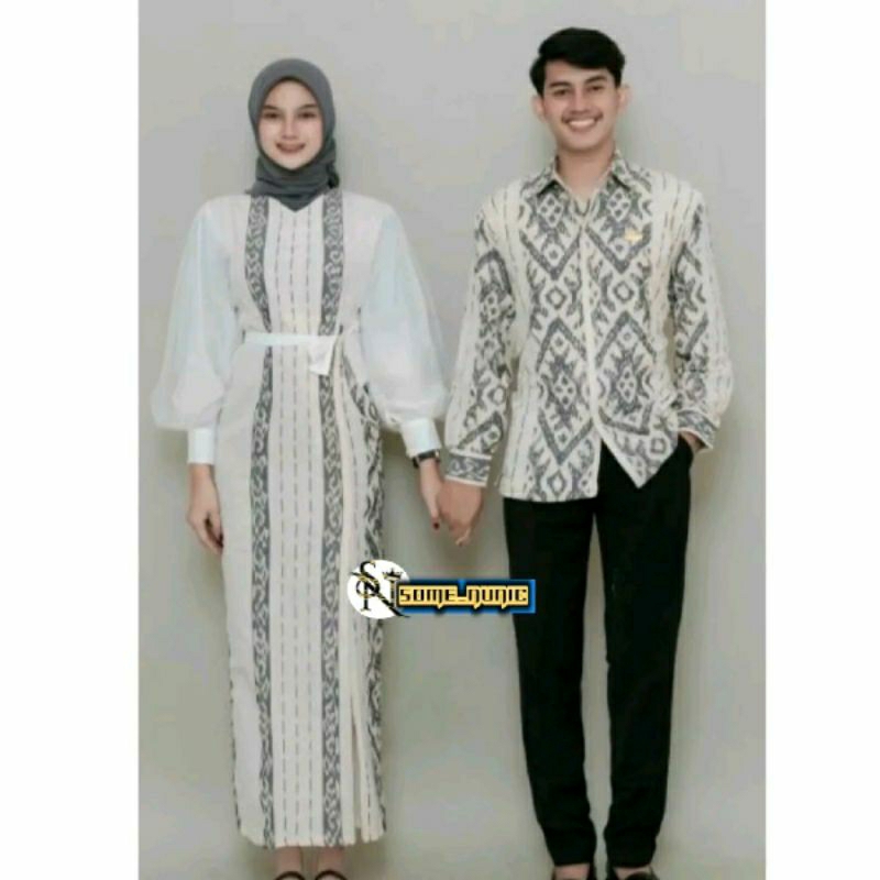 Baju Tenun Couple Padma Putih - Set Couple Tenun Grade A - Dress, Kain, Keluarga, Pasangan, Hitam, S