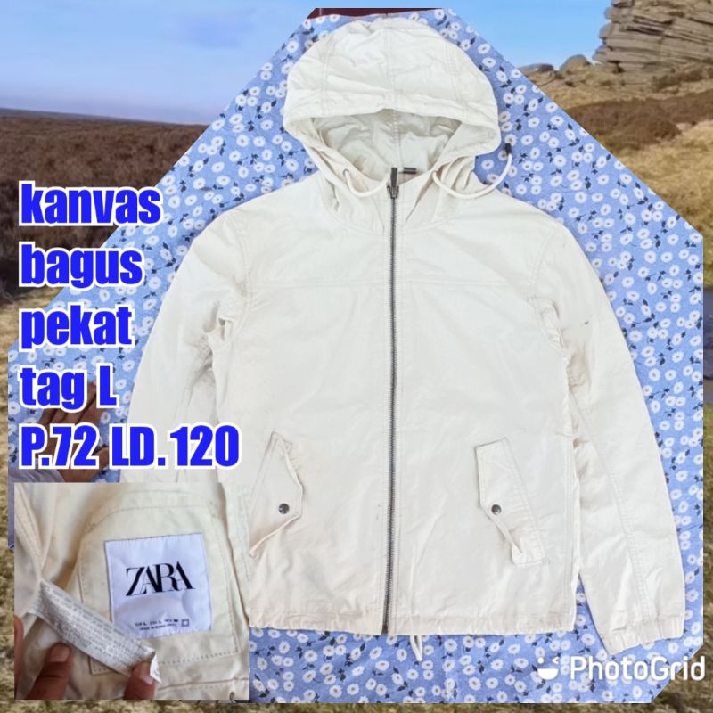 jaket work kerja casual Harrington hoodie kanvas zara man putih