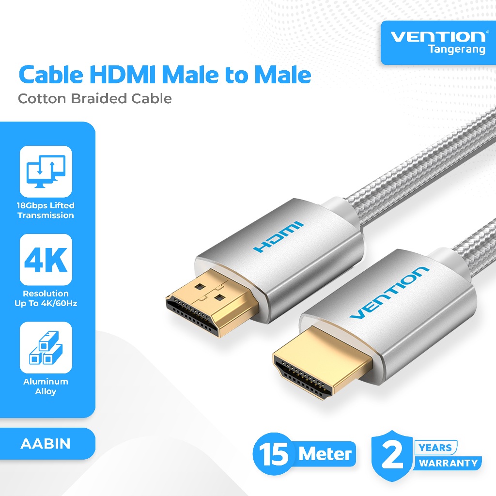Vention Kabel HDMI 2.0 4K Ultra HD Cotton Braided Silvery Metal HDMI Cable 15M 15 Meter - AABIN