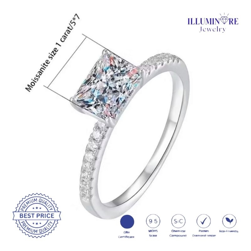 Illuminare-(100% Original) ELV-RG01 Cincin Rectangular Wanita Mewah Berlian Moissanite asli Perak Si