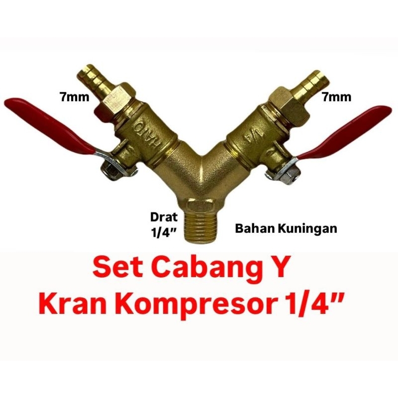 Kran Kompresor Cabang 2 ukuran 1/4" KUNINGAN Set Y