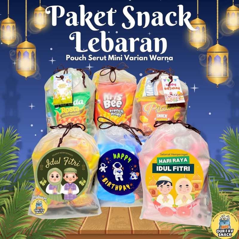 

( Bebas Custom ) Paket Snack Ulang Tahun Hampers Snack Bingkisan Ulang Tahun Anak Pouch Serut Mini