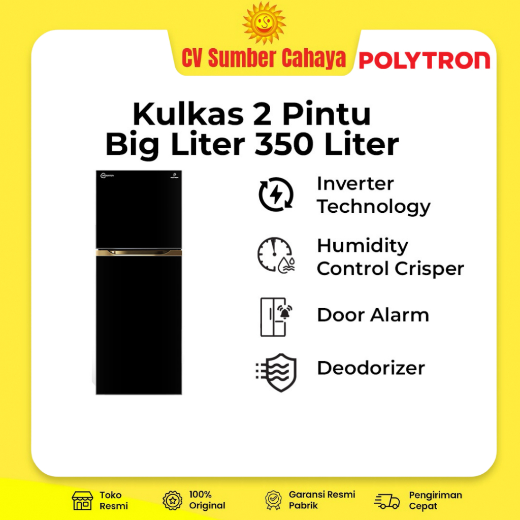 Polytron PRM 495X PRM495X New Belleza Lemari Es 2 Pintu 350 Liter 160 Watt Inverter