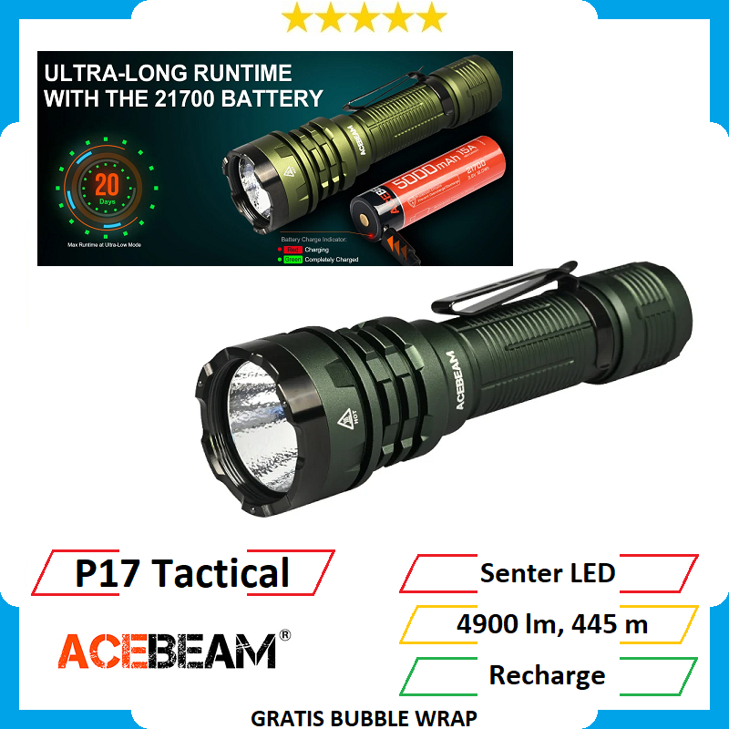 Acebeam P17 Dark Green Tactical Flashlight Senter LED 4900 Lumens 445 Meter Defender Tactical