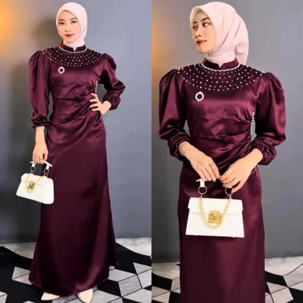 Vina Dress Burgundy Kondangan Viral Gaun Kondangan Dress Duyung Gaun Pesta Modern Dress Satin Mermai