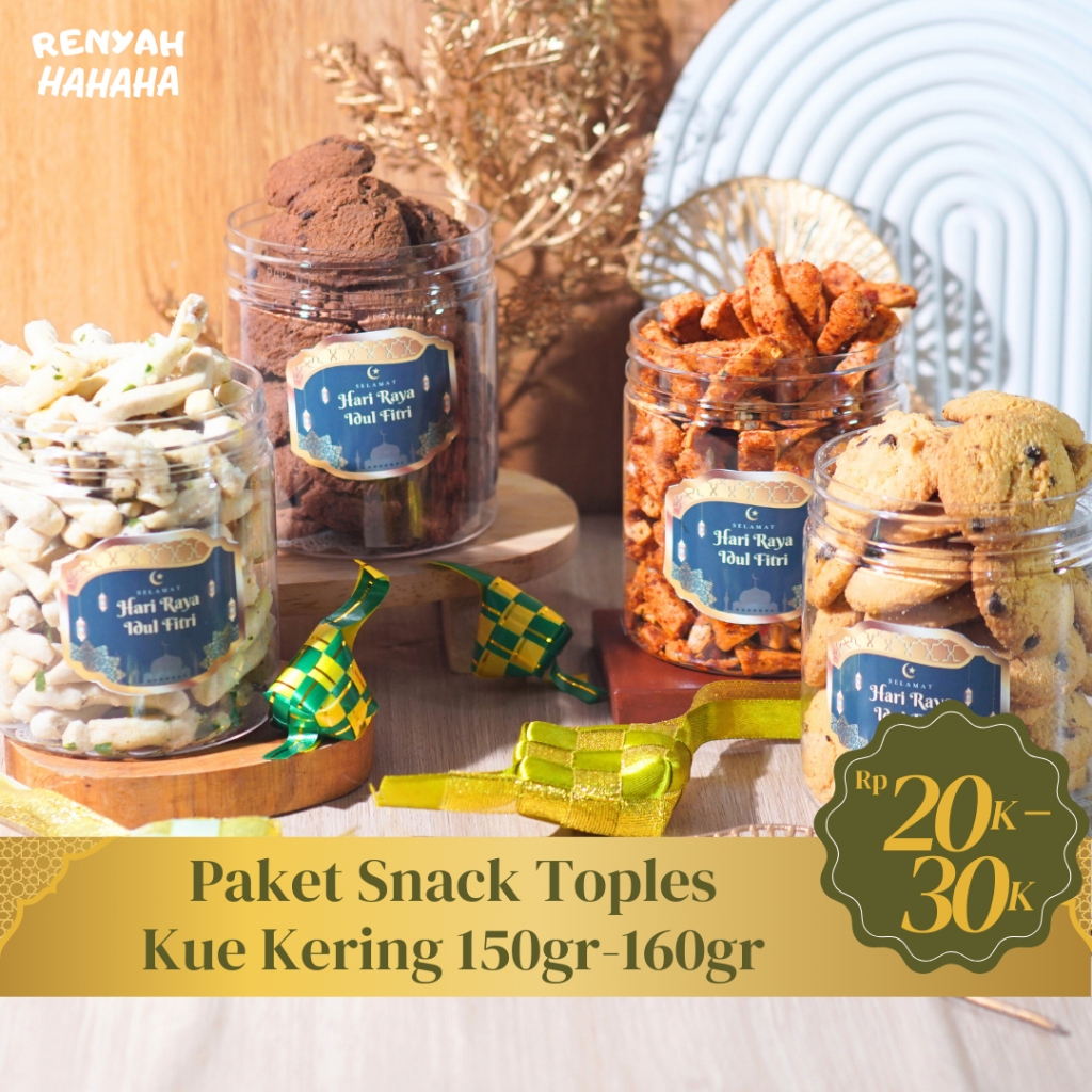 

Paket Snack Toples Kue Kering 150gr-160gr Basreng Pedas, Choco chips, butter chips by Renyah Hahaha