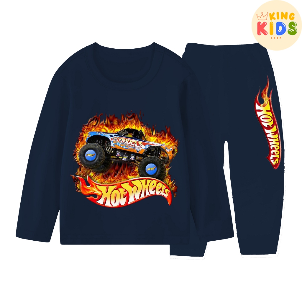 Piama Anak Perempuan/Laki Laki Terbaru Lengan Panjang Hot Wheels Ukuran 1-10 Tahun Piama Anak Terbar