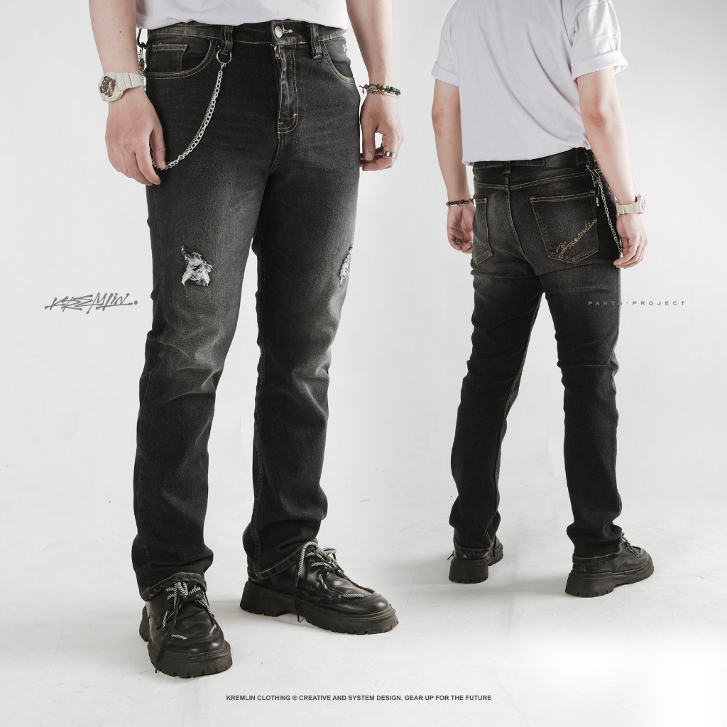 KREMLIN Celana Slim Fit Jeans Ripped Denim Wash Ash Black - Osaka