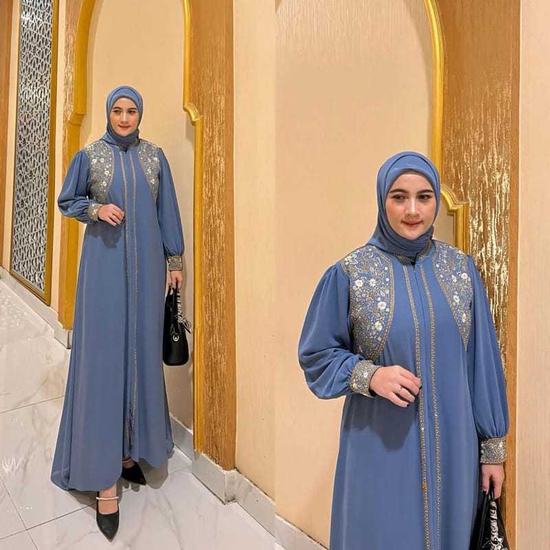 Gamis Ceruty Terbaru Plus Hijab Segi Empat Dengan Motif Bordir Simpel Dan Cantik Gamis wanita kekini