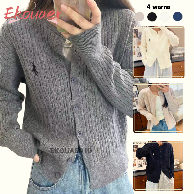 Ekouaer Knit Cardigan | Premium Import Logo Polo Cardigan Wanita Sweater Abu Hitam Putih Biru Krem