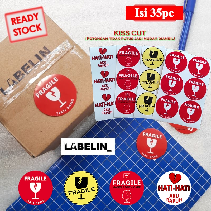 

READY Stiker Fragile (35pc) HATI HATI mudah pecah stiker tempel stiker bulat