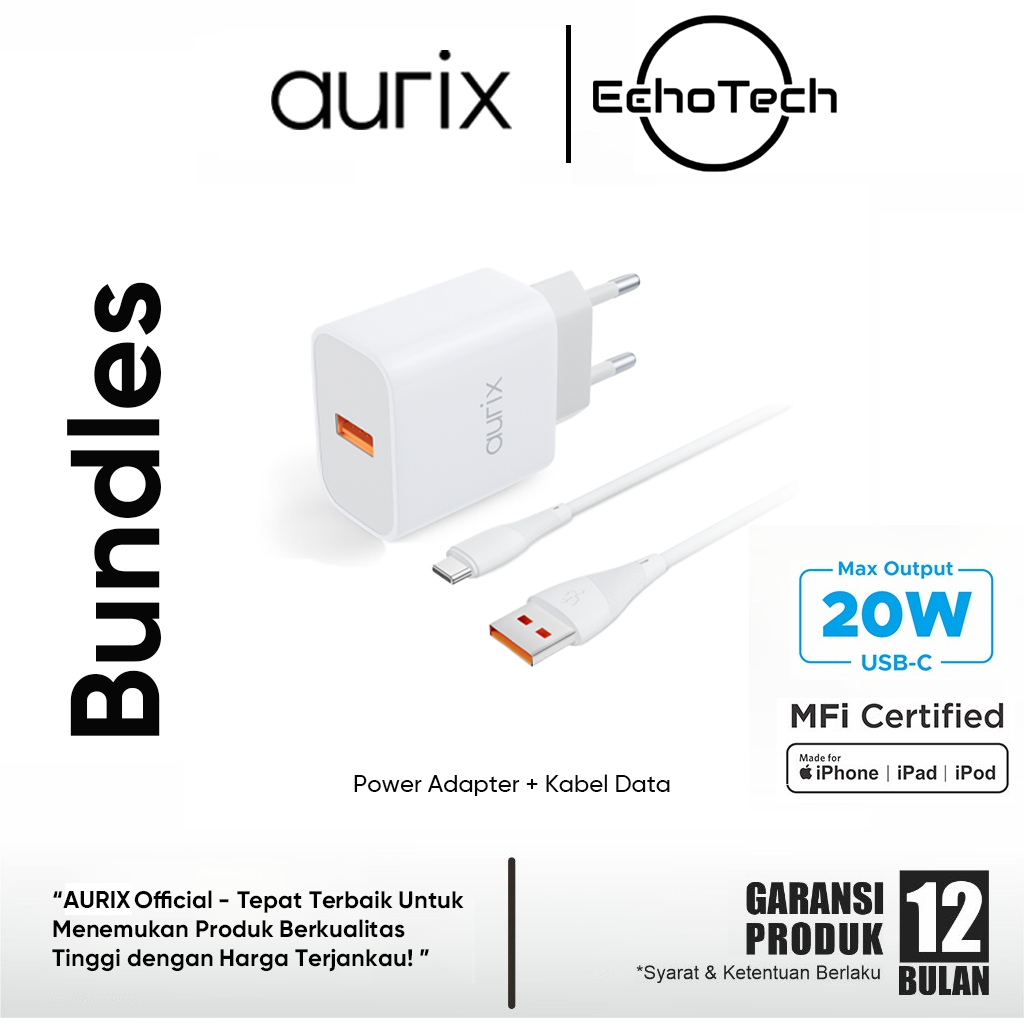 Aurix Kepala Charger iphone 7-16 Fast Charging PD20W And kabel data Type C To Type C Set For IOS
