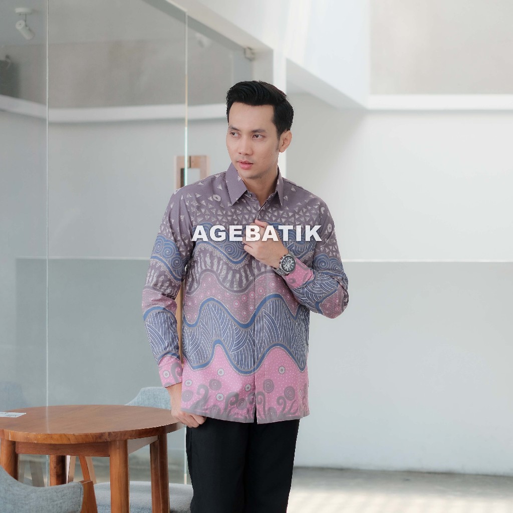 AGEBATIK AGE009 - Kemeja Batik Pria - Lengan Panjang Pendek - Slim Fit - Motif Abstrak Ombak Abu - K