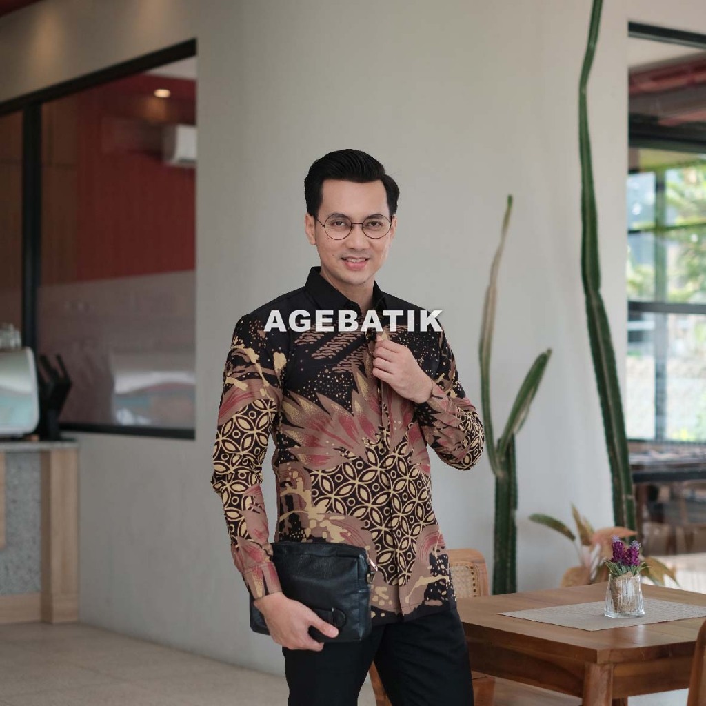 AGEBATIK AGE050 - Kemeja Batik Pria - Lengan Panjang Pendek - Slim Fit - Motif Abstrak Daun Salak -