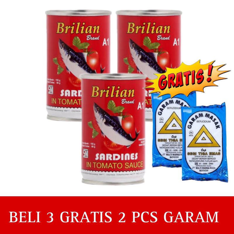 

Ikan Sarden Kaleng Brillian Murah Saos Tomat Praktis Siap Masak 155gr Exp. Date 2028 / Ikan Sarden Brillian Gratis 2pcs Garam Masak