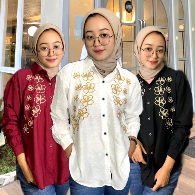 Kemeja Amanda Motif Bordir Terbaru / Kemeja Wanita Bordir Kekinian / Kemeja Motif Bordir Bunga / Blo