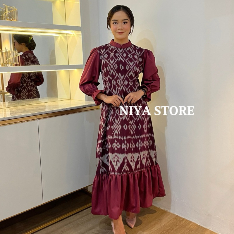 Niya Store || Gamis Wanita Motif Gamis Wanita Warna Burgundy Maroon Gamis Wanita Motif Tenun Blanket