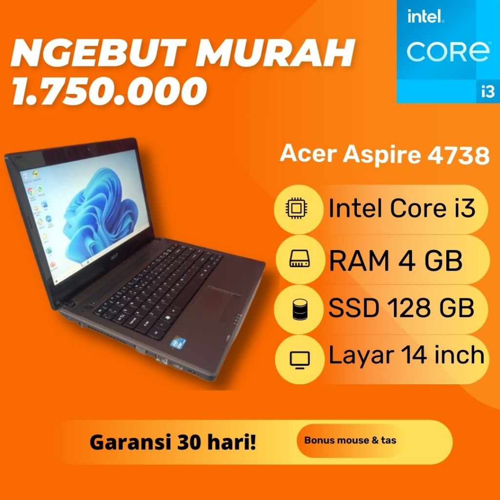 Laptop Acer Aspire 4738 Intel Core i3 RAM 4GB SSD 128GB Windows 10 HDMI Bluetooth Second Bekas