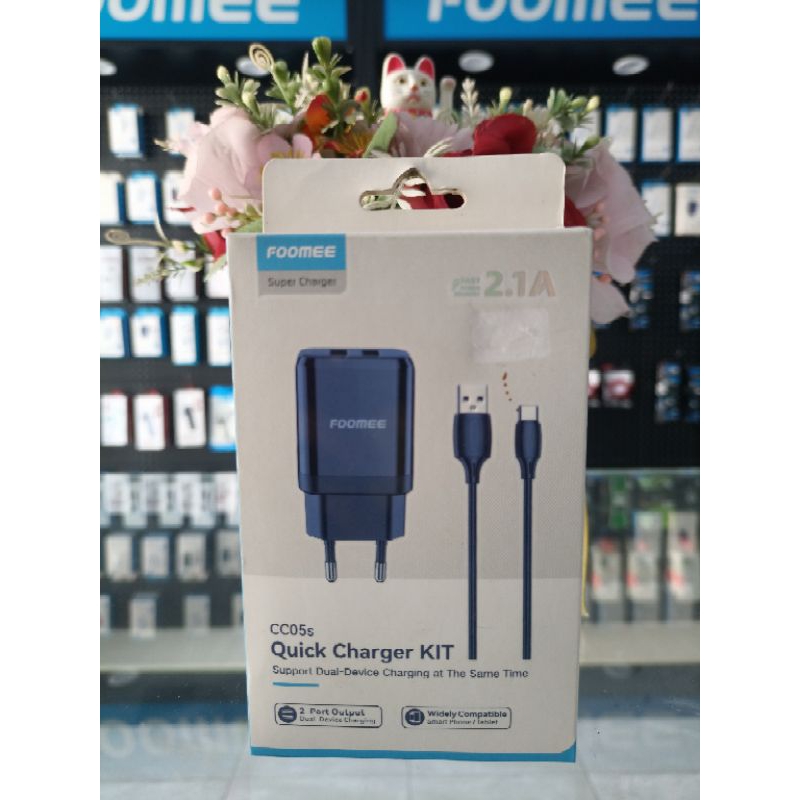 Foomee Charger CC05S 2.1 Dual Port Travel Charger 1M Tipe C Cable Charging Black