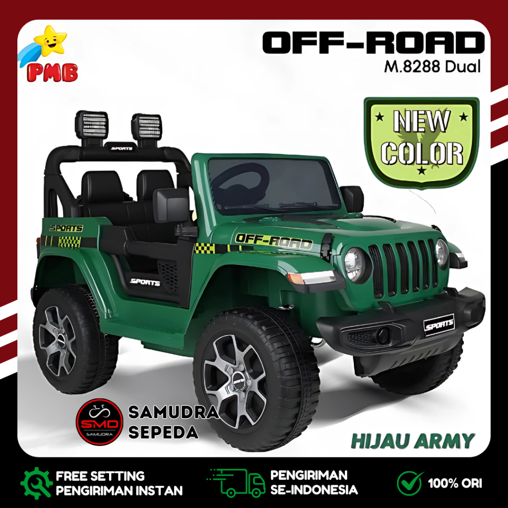 Mobil Aki Mainan Anak Cas Remot PMB 8288 DUAL Dinamo Model JEEP 12 Volt Rubicon Murah BDG