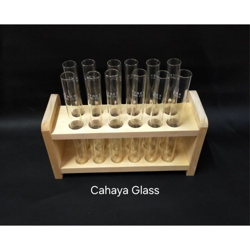 Rak Tabung Reaksi Kayu & 12pcs Tabung Reaksi 16×150mm PYREX