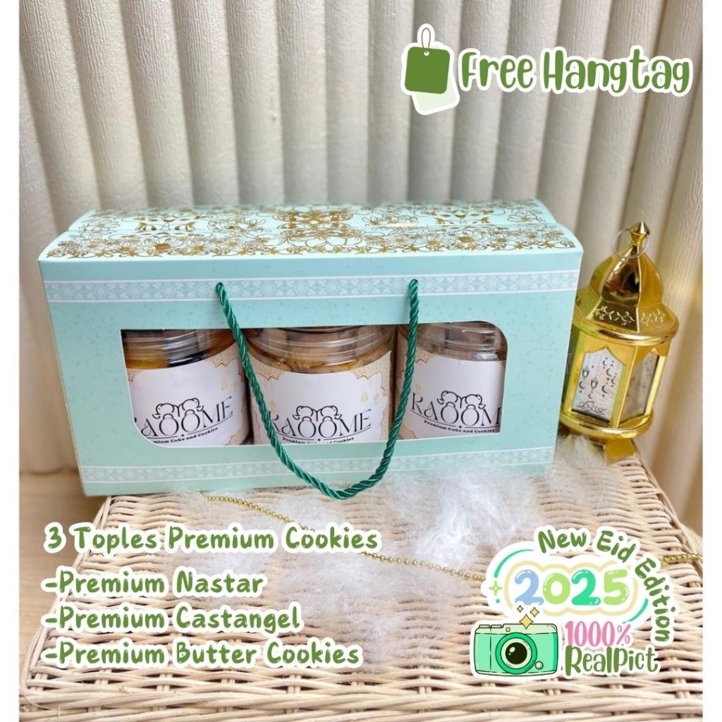 

READY Hampers Kue Lebaran Premium Eid Mubarak Parcel Nastar Kastangel Handle Box Isi 3 Toples