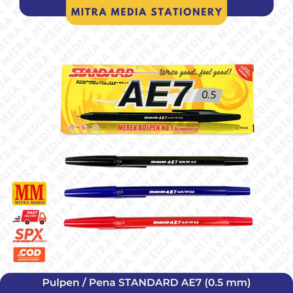 GROSIR Pulpen / Pena Standard AE7 0.5 MM Tinta Hitam Merah Biru PCS