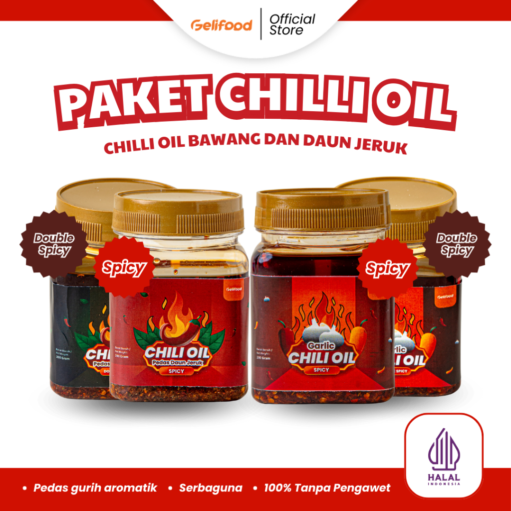 

Gelifood - Paket Lengkap Chilli Oil Sambal Serbaguna Super Pedas dan Gurih 150gr/botol