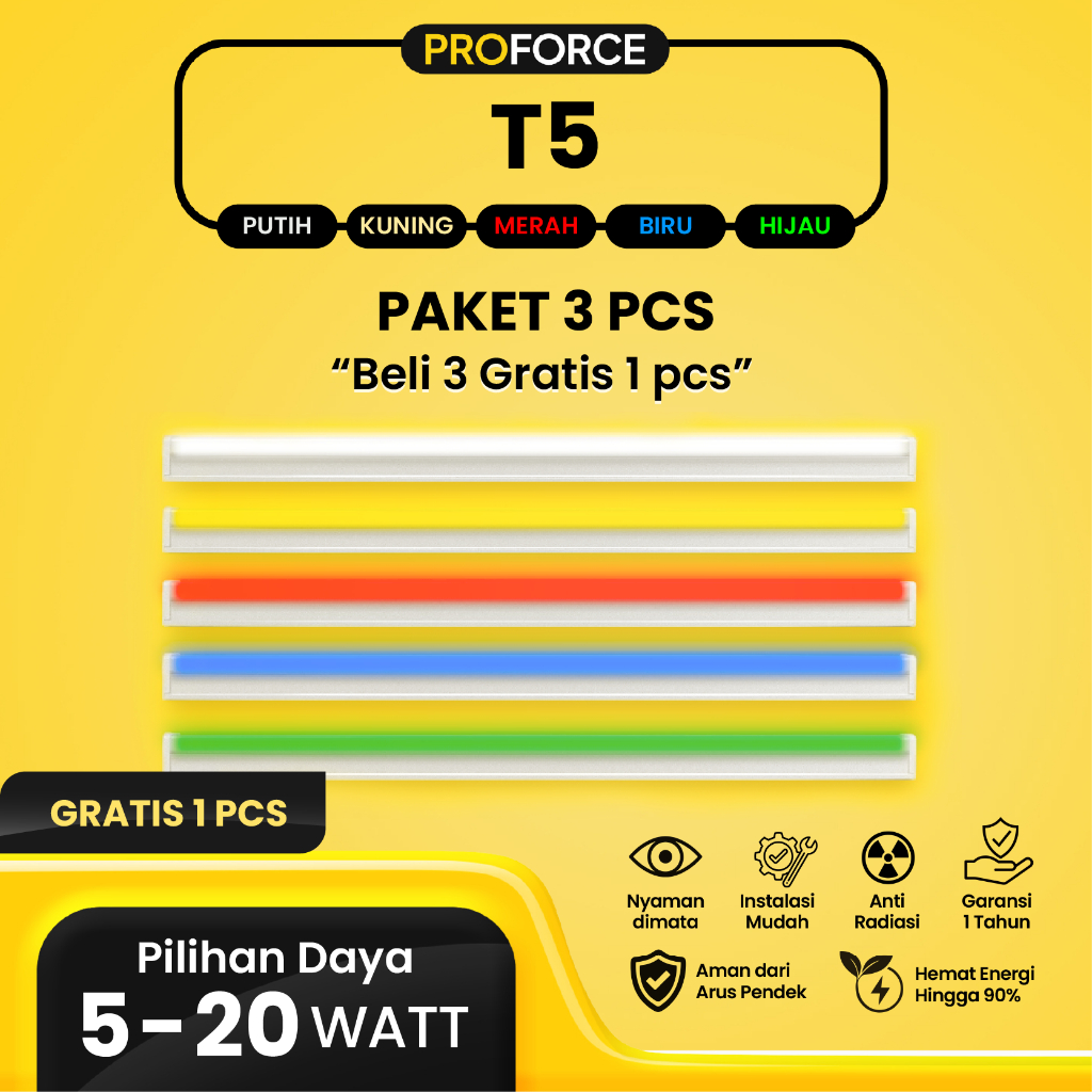 Paket 3 Pcs Proforce Lampu TL T5 Hias LED Warna Cahaya Putih Kuning Merah Biru Hijau Fluorescent Lig