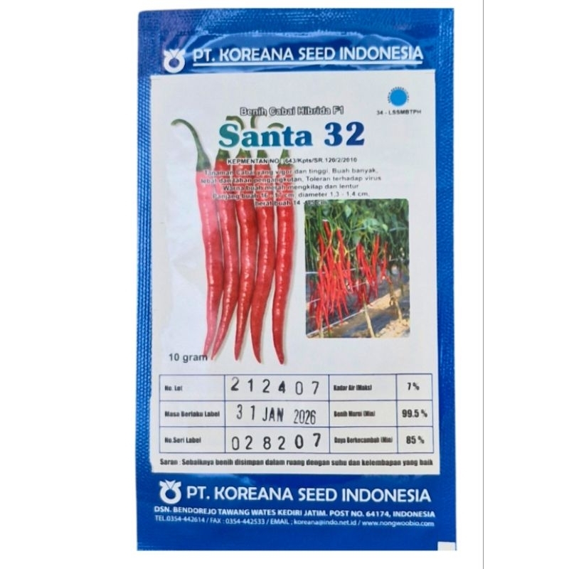 Benih Cabe Besar Santa 32 Kemasan 10 grm Original Pabrik PT Koreana Indonesia