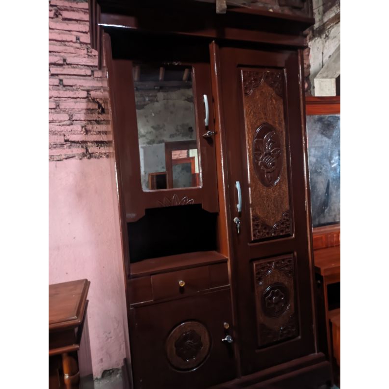 LEMARI KAYU JATI PINTU 2 KACA