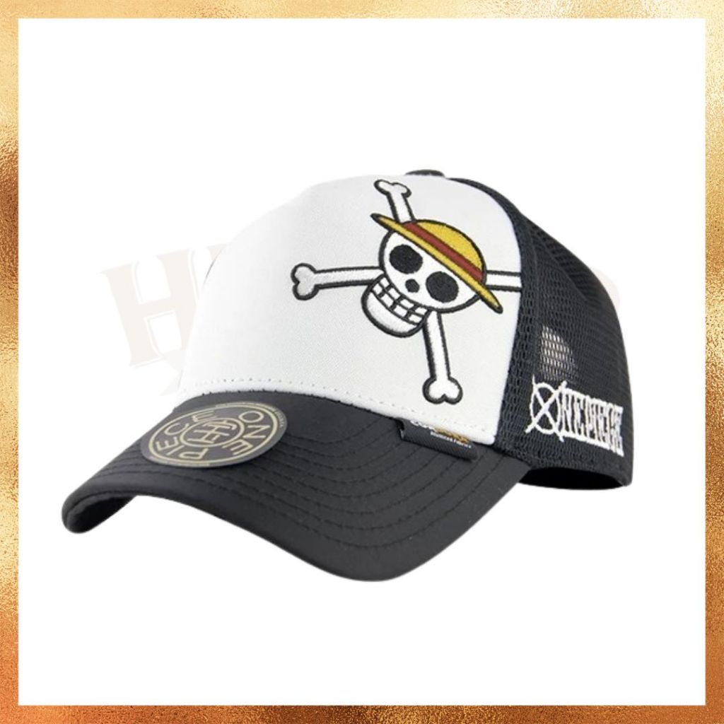 READY STOCK!!! Topi New Era Angel x One Piece Monkey D Luffy Skull Collab Anime Black White Trucker 