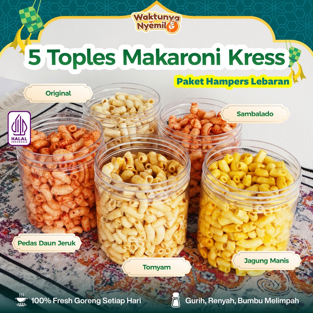 

5 TOPLES MAKARONI KRESS 5 VARIAN RASA ORIGINAL, PEDAS DAUN JERUK, JAGUNG MANIS, SAMBALADO, TOMYAM CEMILAN FOOD HALAL HAMPERS LEBARAN