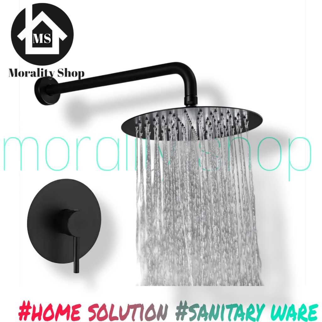 wall shower stainless bulat 10 inch hitam set kran panas dingin tanam kuningan black