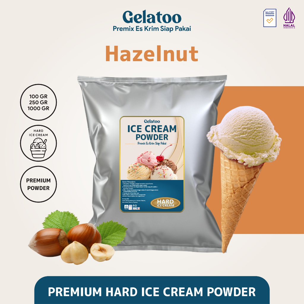 

Bubuk Es Krim Hard Ice Cream Powder Premium Rasa Hazelnut Gelatoo Hazelnut 250 gram / 1 kg