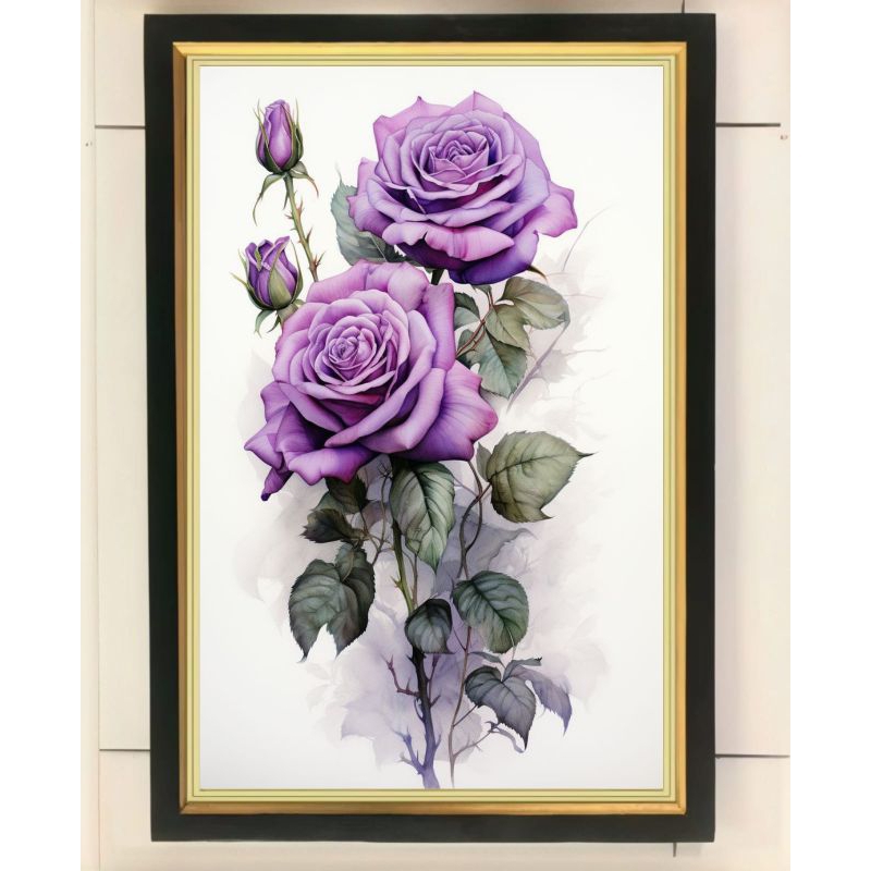 hiasan dinding lukisan cetak bunga mawar ungu klasik plus Bingkai ukuran 65×45