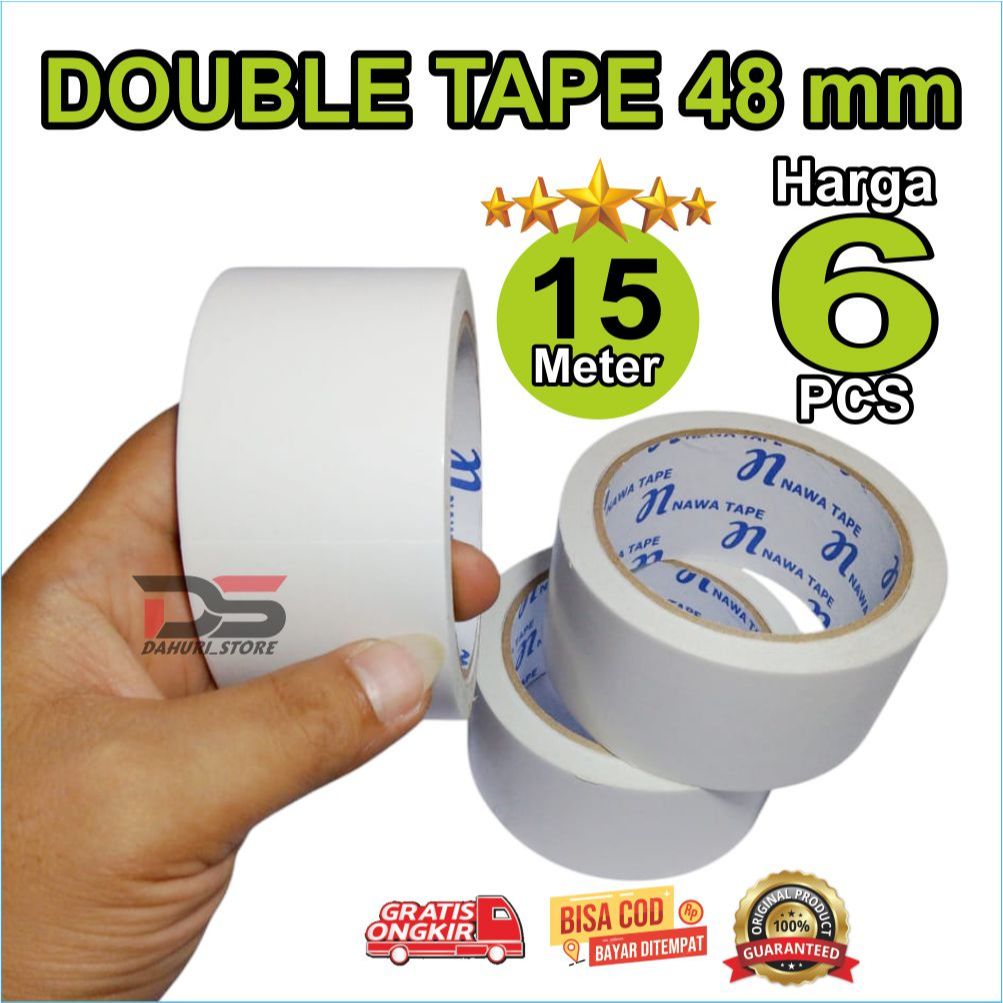 

double tape lebar 48mm panjang 15 meter real, DOUBLE TAPE KERTAS super lengket harga untuk 6 pcs