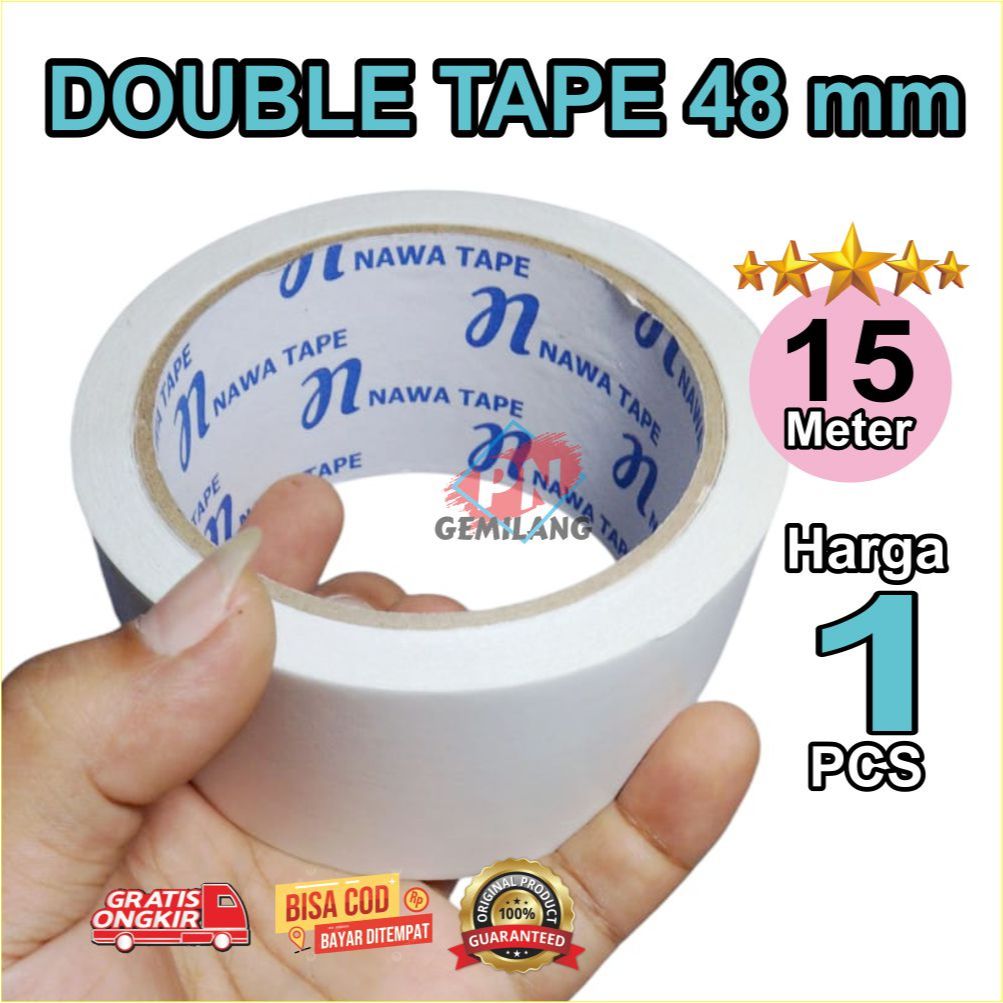 

LAKBAN KERTAS double tape lebar 48mm panjang 15 meter real, super kuat & lengket harga untuk 1 PCS