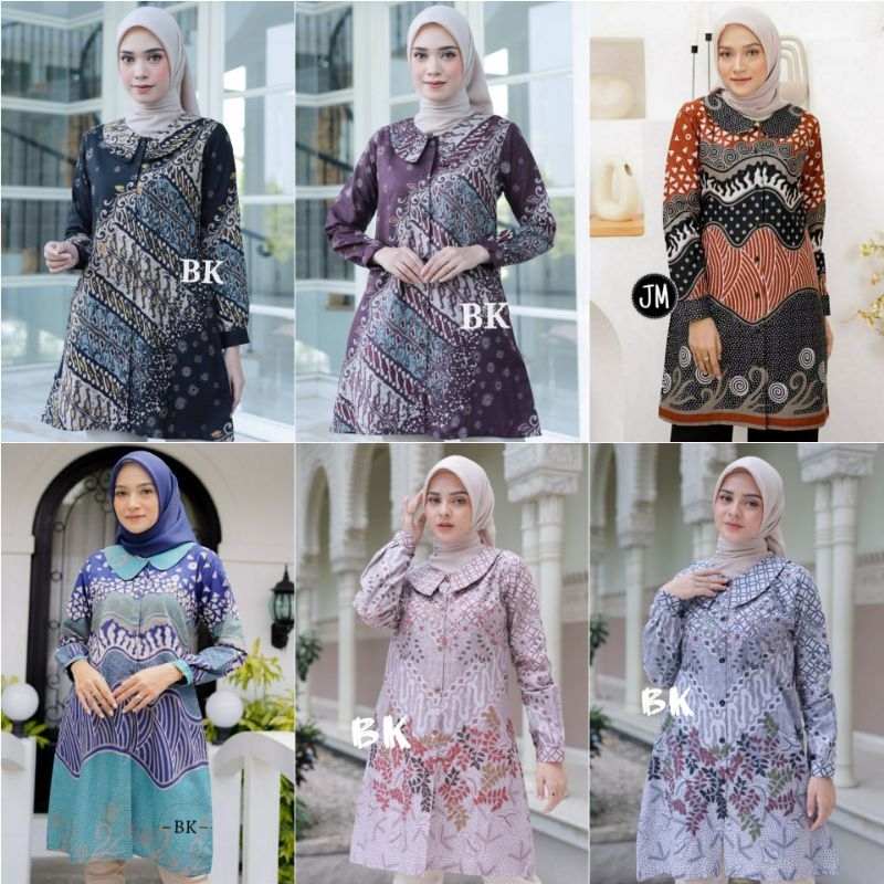 Tunik Batik Wanita Seragam Batik Baju Kerja Wanita Kancing Depan Full