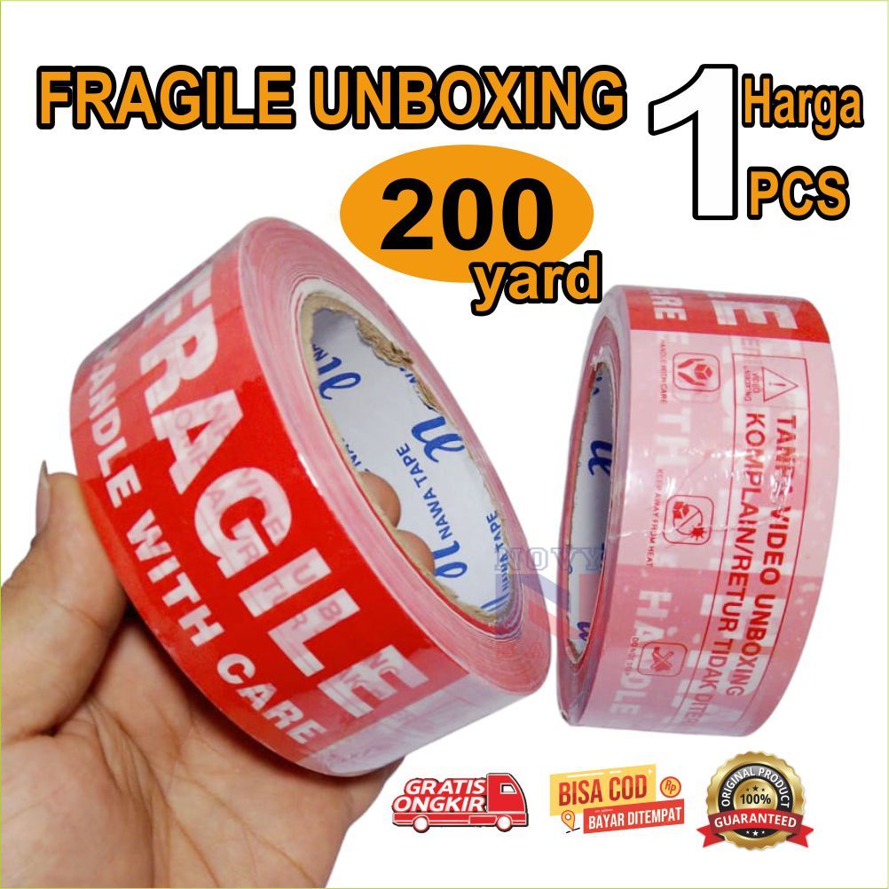

LAKBAN FRAGILE UNBOXING PANJANG 200YARD HARGA UNTUK 1 PCS, LAKBAN UNBOXING 200 YARD