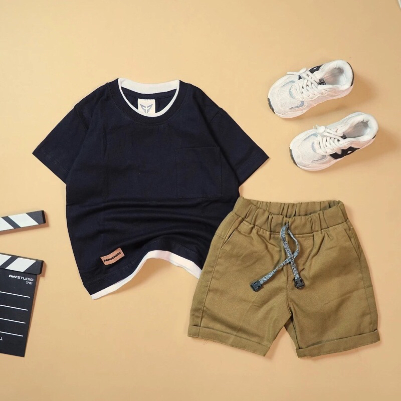 BRAVEKIDS - SETELAN KAOS POCKET TWO LAYER POLOS DAN CELANA BROADSHORT COTTON COMBED 24S Fashion