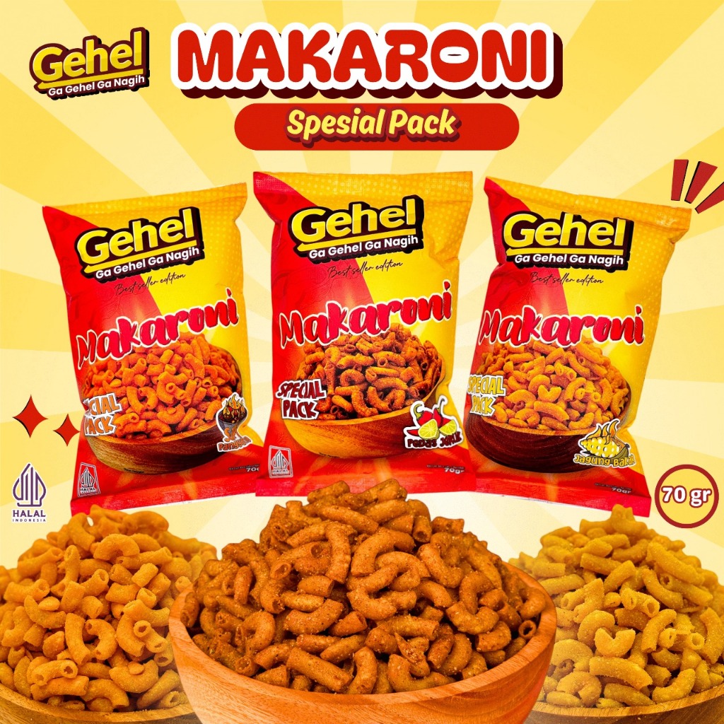 

Gehel Spesial Pack MAKARONI 70g - Cemilan Makaroni Varian rasa Pedas Jeruk, Sapi Panggang, Jagung Bakar - makanan ringan