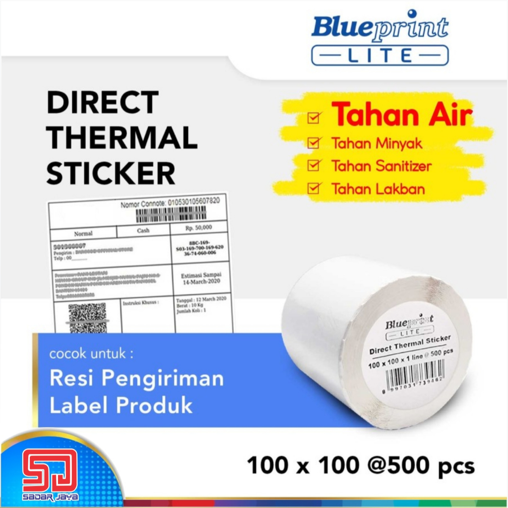 

Blueprint Lite Direct Thermal Sticker 100x100mm isi 500 Label Resi Pengiriman DTS Stiker Barcode