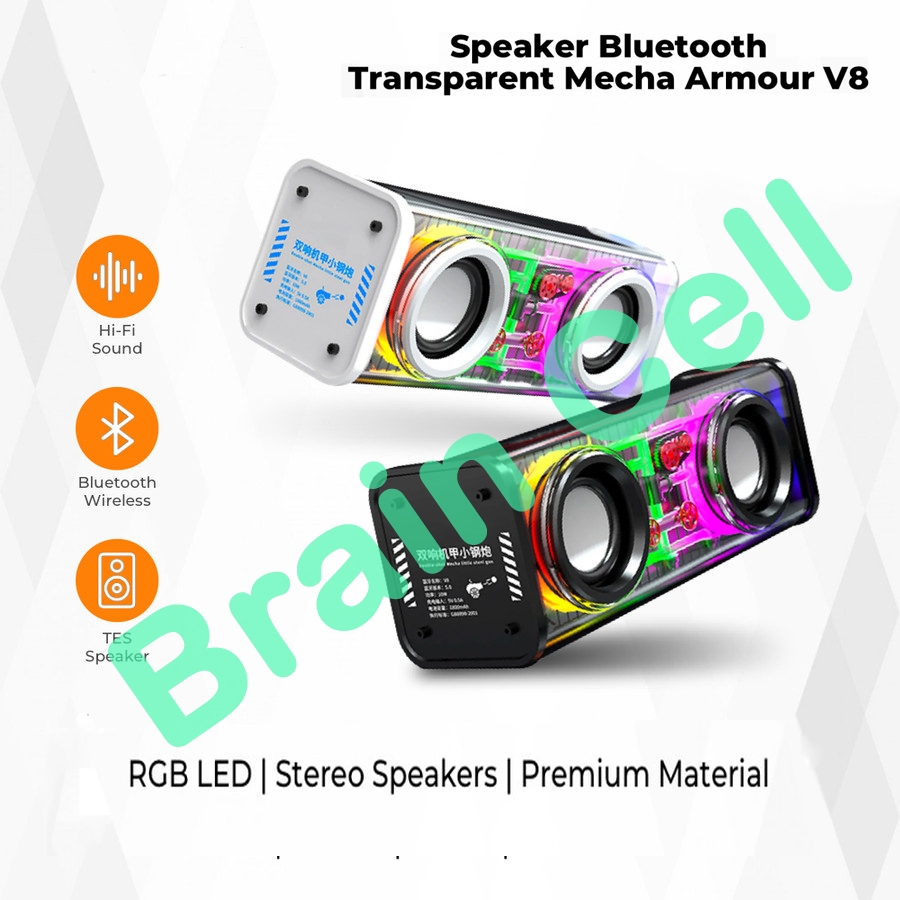 Speaker Bluetooth Transparent Mecha Armor V8 RGB LED Stereo Speakers Portable