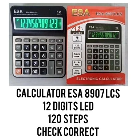

WTT Kalkulator Layar LCD LED Menyala Lampu ESA 8907 12digits Check & Correct Calculator Besar