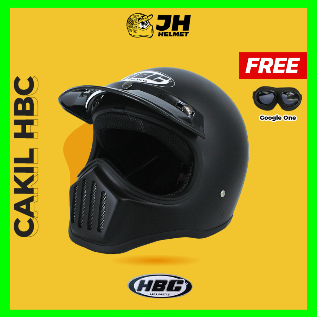 Helm Cakil HBC Polos Black Doff + FREE GOGGLE | Original 100% | HBC Cakil | Helm Retro | Helm Full F
