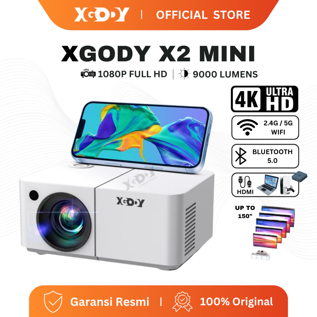 XGODY X2 Mini Proyektor 4K HD Smart Projector Android12  Bluetooth WiFi Portable